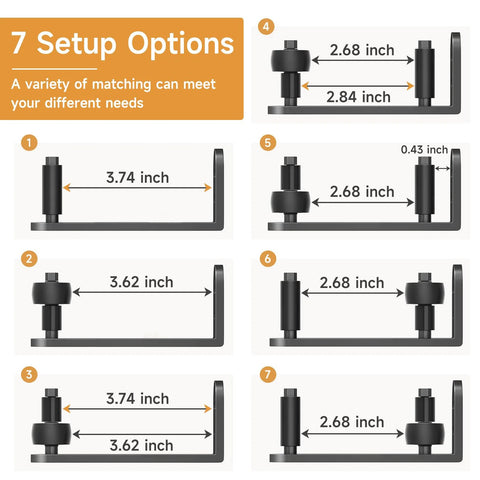 7 setup options for Sliding Barn Door Floor Guide With Adjustable Rollers And Hardware, flush flat bottom design.