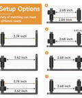 Diagram showing 7 setup options for four piece sliding barn door floor guide set with adjustable rollers, heavy duty aluminum hardware.