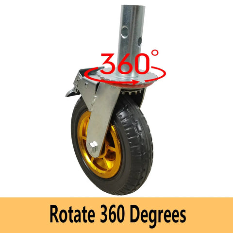 Bulletproof 8 Inch Rubber Scaffolding Caster Wheels 4 Pack Dual Locking Brake and Swivel 360 Degree Smooth Roll Steel Bearing close-up.