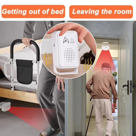 Wireless Bed Alarm System For Seniors And Dementia Caregivers, Fall Prevention With Motion Sensor Floor Sensor And Doorway Alert, Long Range Pager, No Fuss Setup, Vibration Notification For Home Care, bed and doorway use