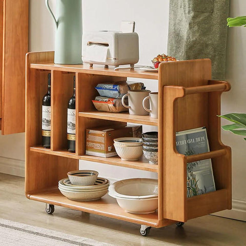 Wooden kitchen cart on 4 pack 1 inch swivel caster wheels with mini threaded stem M6x15mm rubber TPE, holding kitchen items.