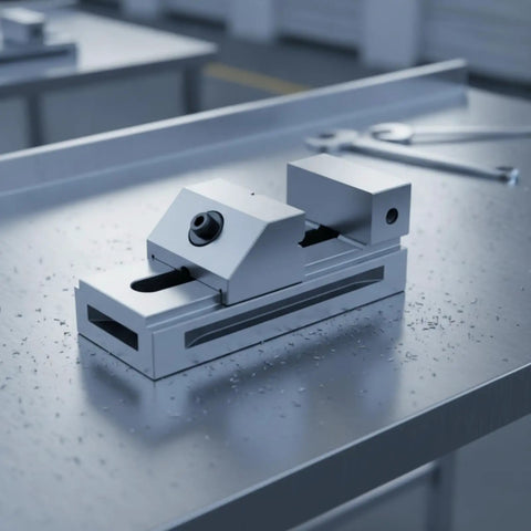 Precision Swivel Vise For Milling And Grinding on metal workbench with shavings. Compact, sturdy alloy steel tool.