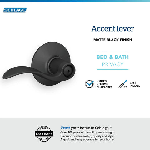 Accent Door Lever Matte Black Privacy Lock For Bedroom And Bathroom Doors With Push Button Inside Unlock, Emergency Outside Pin Key