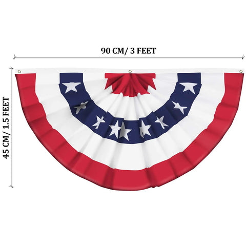 Patriotic Pleated Fan Banner With Canvas Header And Brass Grommets For Indoor Outdoor Decor, American Half Flag Bunting, 1.5x3 Feet