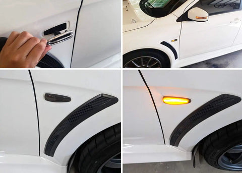 Smoked Amber LED Side Marker Light Assembly Pair With 36 SMD LEDs Sequential Blink Black Smoke Lens installed on white Mitsubishi