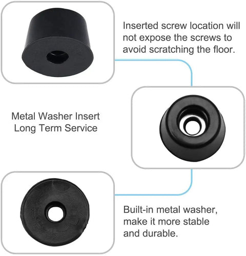 30 Pack Rubber Feet Bumpers For Tables And Chairs, Floor Protectors With Metal Washer, No Marking And Durable Furniture Leg Pads, D17x14xH10mm, 5mm Hole, 7mm Washer, Keeps Floors Safe From Scratches And Dings, showing design and washer details