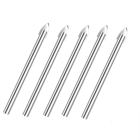 Five Amonk glass drill bits, 6mm carbide-tipped tile bits with 1/4-in. round shank, angled view, in plastic box