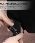 Close-up of buckle straps on Heavy Duty 600D All Weather Patio Furniture Cover For Rectangular Tables And Chair Sets, Black.