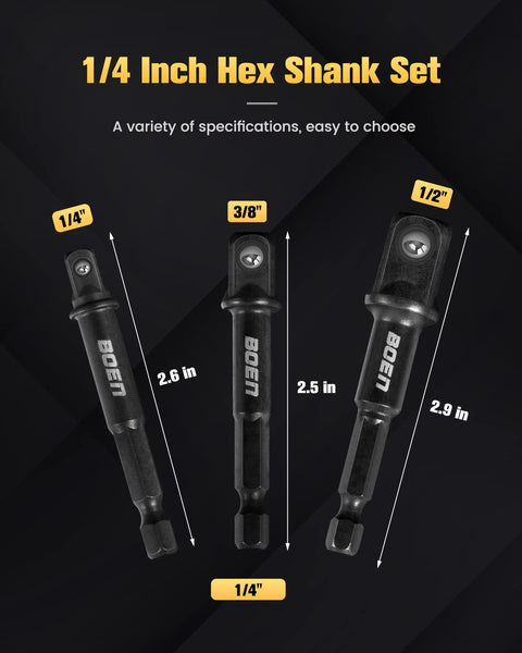 Impact Grade Socket Adapter Set Three-Piece With Bit Holder One Quarter Inch Three Eighths Inch SAE Hex Shank Display