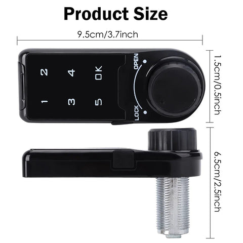 Heavy Duty Electronic Cabinet Deadbolt Lock Featuring Touch Password Keyless Entry showing keypad and latch dimensions.