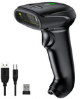 Wireless Barcode Scanner 2 In 1 with 2.4GHz Wireless and USB 2.0 Wired Connection Handheld 1D Laser Scanner, shown with cables.