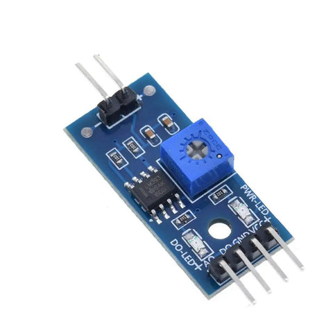 Single LM393 soil moisture sensor module close-up, blue circuit board, used in Five Pack LM393 Soil Moisture Sensor Module 3.3V-5V With Digital And Analog Output For Arduino Must Have Automatic Plant Watering DIY Garden Gear For Home Automation.