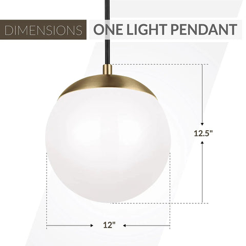 Leo Hanging Globe Pendant Light In Satin Brass Finish, Modern One Light Ceiling Fixture, 12 Inch Globe Shade Dimensions
