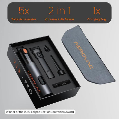 Heavy Duty Cordless Car Vacuum With 16000Pa Kickass Suction And HEPA Filter Handheld Detailer With Led Display Plus Dual Vacuum Blower Modes For Slick Auto Whip Cleanup, shown with accessories in a box.