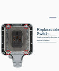 Tough As Nails IP66 Weatherproof Outdoor Electrical Outlet Box featuring replaceable switch and screws for maintenance.