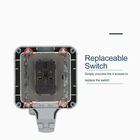 Tough As Nails IP66 Weatherproof Outdoor Electrical Outlet Box featuring replaceable switch and screws for maintenance.