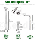 M6 X 80mm Socket Cap Bolts And Barrel Nuts Kit With Hex Key Silver Carbon Steel includes 12 assorted bolts and nuts with a wrench.