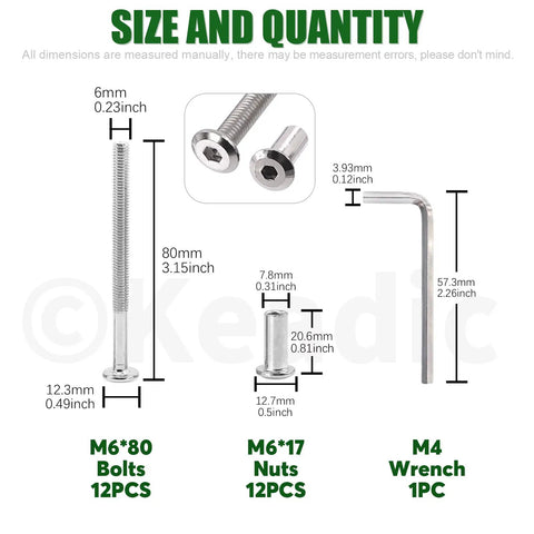 M6 X 80mm Socket Cap Bolts And Barrel Nuts Kit With Hex Key Silver Carbon Steel includes 12 assorted bolts and nuts with a wrench.