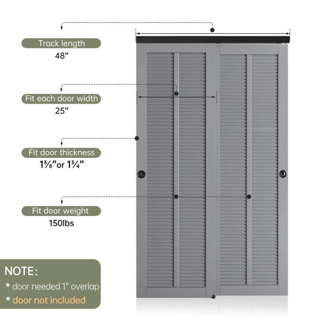 Bypass Double Sliding Pocket Door Hardware Kit For 4 Ft By 48 Inch Track, Commercial Grade Aluminum, Beastly Quiet Ball Bearing Rollers, Easy Install, Concealed Track, Black Finish For Modern Homes And Offices with 25-inch door width fitment details displayed.