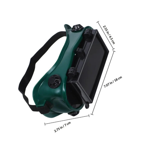 Industrial Grade Welding Goggles With Dual Flip Up Covers That Sit Hella Comfy Featuring An Adjustable Contour Strap displaying measurements and green color.