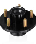 Two Pack 2000 Lb Trailer Hub Kit With 4.5 Inch Bolt Circle 5 Lug BT8 Spindle 1 Inch Round 84 Spindle Includes Nut Washer And Cotter Pin Beefed-Up Heavy Duty Trailer Axle Spindle Kit For Trailers showing black hub with gold lugs