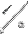 Size 12 By 3 Inch Hardened 410 Stainless Steel Self Drilling Screws Heavy Duty Slick Threading with hex washer head.