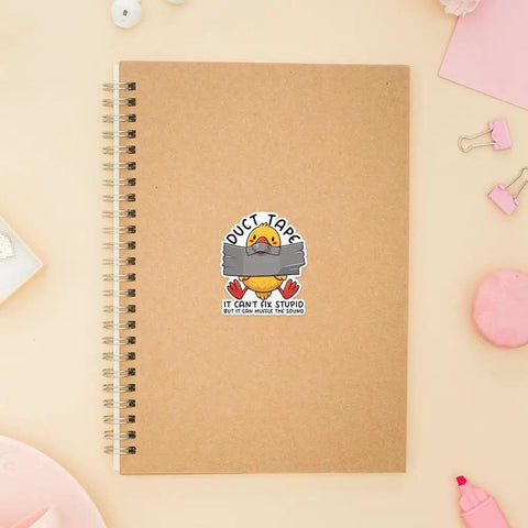 Sticker on notebook featuring Three Pack 3 Inch Duct Tape Stickers It Cant Fix Stupid But It Can Muffle The Sound Funny Sarcastic Waterproof Vinyl Decals.
