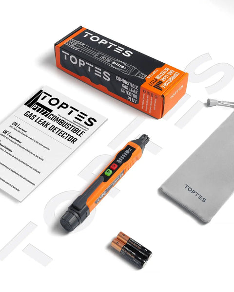 Portable Combustible Gas Leak Detector with audible alarm, bright LED, handheld sniffer, batteries, storage bag, and manual included.