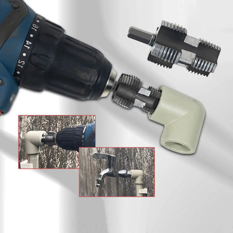 Heavy Duty Electric Drill Thread Tap And Die Set For PVC Water Pipe Repair, featuring a power drill and tap on 1/2 inch PVC fitting.