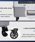 Close-up of Built Tough Shop Grade Evaporative Air Cooler With Three Speed Fan Blades showing water level scale and 5-inch casters for easy movement.
