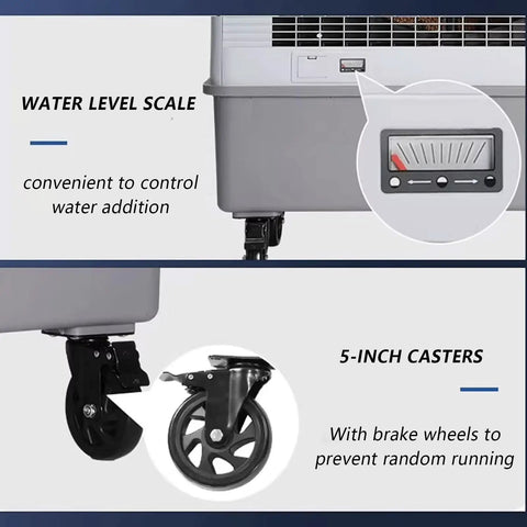 Close-up of Built Tough Shop Grade Evaporative Air Cooler With Three Speed Fan Blades showing water level scale and 5-inch casters for easy movement.
