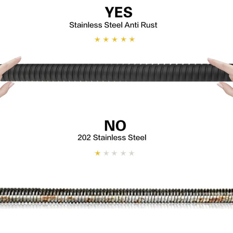 Comparison of extra long matte black stainless steel shower hose extension with 202 steel, showcasing anti-rust feature.