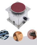 Turn Up The Heat With This Badass Mini Disc Sander Featuring A 200W Copper Motor Cranking Out 6000RPM To Smooth Polish Wood Metal Plastic And Sharpen Scissors With Belt Disc Options And Smooth Knob Control; Compact silver sander with a red disc.