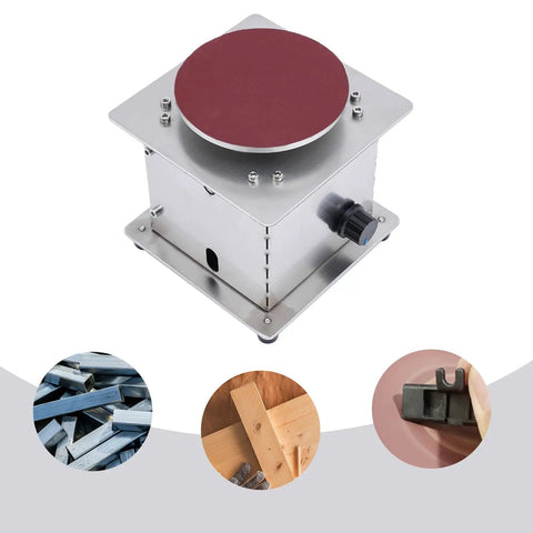 Turn Up The Heat With This Badass Mini Disc Sander Featuring A 200W Copper Motor Cranking Out 6000RPM To Smooth Polish Wood Metal Plastic And Sharpen Scissors With Belt Disc Options And Smooth Knob Control; Compact silver sander with a red disc.