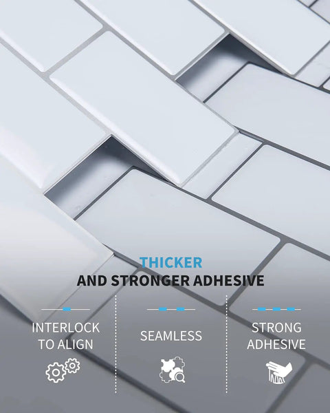 Close-up of Thicker Version Peel And Stick Subway Tile Backsplash No Brainer DIY 12x12 Inch For Kitchen Easy 10 Tiles Durable 2mm To 2.5mm Solid Tiles.