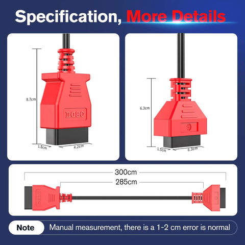 OBD 2 Extension Cable 10ft 3M Ultra Long 16 Pin OBD II Male To Female Extension Cord dimensions and design details
