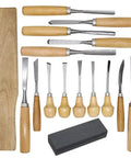 Heavy Duty 16 Piece Wood Carving Tool Set With Premium Handles Sharp Chisels And Gouges Includes Wooden Mallet And Whetstone showing chisels and mallet