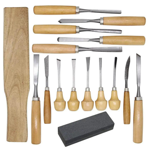 Heavy Duty 16 Piece Wood Carving Tool Set With Premium Handles Sharp Chisels And Gouges Includes Wooden Mallet And Whetstone showing chisels and mallet