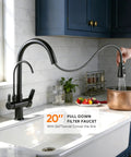Kitchen Faucet 0196R, black 20" pull down filter faucet with swivel spout in modern kitchen setting.