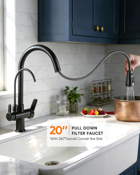 Kitchen Faucet 0196R, black 20" pull down filter faucet with swivel spout in modern kitchen setting.
