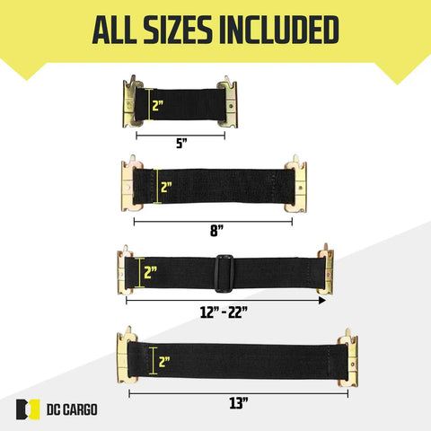 Eight Pack E Track Straps Adjustable Heavy Duty Tie Down Straps 12 To 22 Inches For Enclosed Trailers with sizes shown