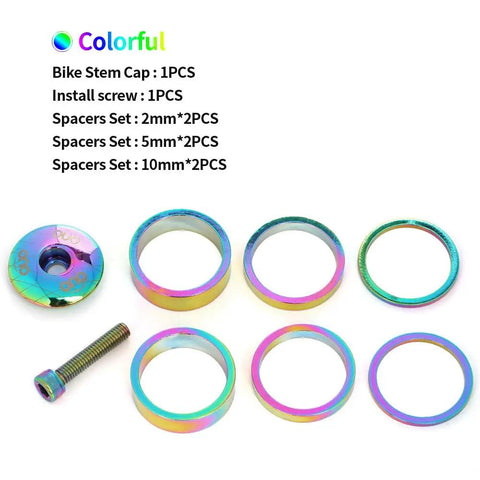 Colorful Headset Spacers And Stem Cap Set For 28.6mm Bike Stem With 2mm, 5mm And 10mm Spacers And Install Screws, Anodized Dope Colorway