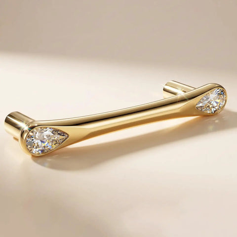 8 Pack Gold Crystal Drawer Pulls 3-3/4 Inch Hole Center 5 Inch Elegant Cabinet Pulls For Dresser And Cupboard Zinc Alloy Diamond Decorative Handles For Closet Vanity Upgrade, single pull shown close-up on beige surface.