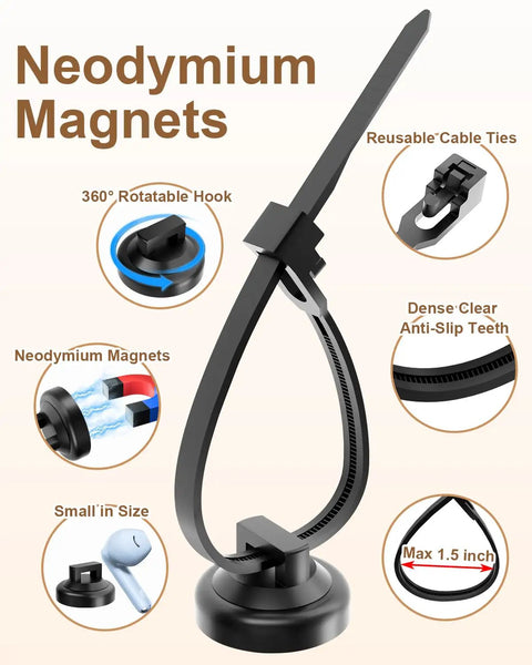 Magnetic Cable Zip Tie Mounts Kit With 30 Heavy Duty Neodymium Magnets and 100 Releasable Nylon Cable Ties 19mm Wire Holder