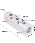 Aluminum Air Manifold 3 Way 5 Port Pneumatic Splitter With 1 Quarter Inch NPT Output, shown with dimensions and details.