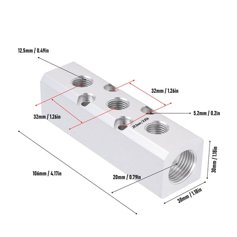 Aluminum Air Manifold 3 Way 5 Port Pneumatic Splitter With 1 Quarter Inch NPT Output, shown with dimensions and details.