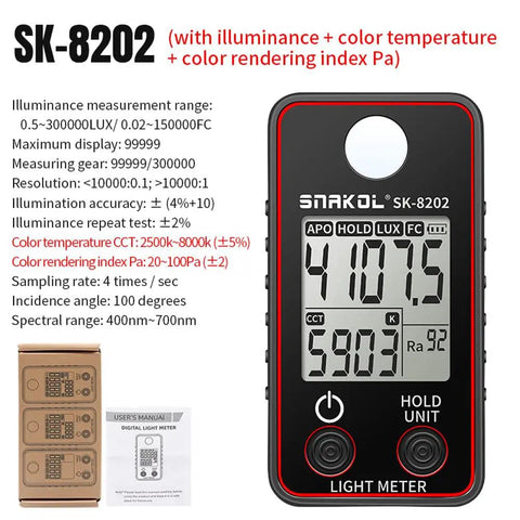Pro Grade Color Temperature Tester And Illuminance Meter With Ultra Precise 0.5 To 300000 Lux Range LED Illumination Test Meter For Photography And Video Photometric Luminance Measurement Device, SK-8202 handheld