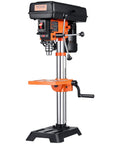 Heavy Duty Benchtop Drill Press Packing A Killer 3.2 Amp Motor And Five Speeds With Ten Inch Swing Plus Tilting Cast Iron Table For Dead On Precision Wood And Metal Drilling, featuring a stable base and orange accents.