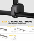 Close-up of black crab mounting kit on car roof cross bar, diagram of rectangle, aero, and square tube compatibility shown below.