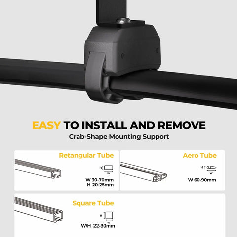 Close-up of black crab mounting kit on car roof cross bar, diagram of rectangle, aero, and square tube compatibility shown below.